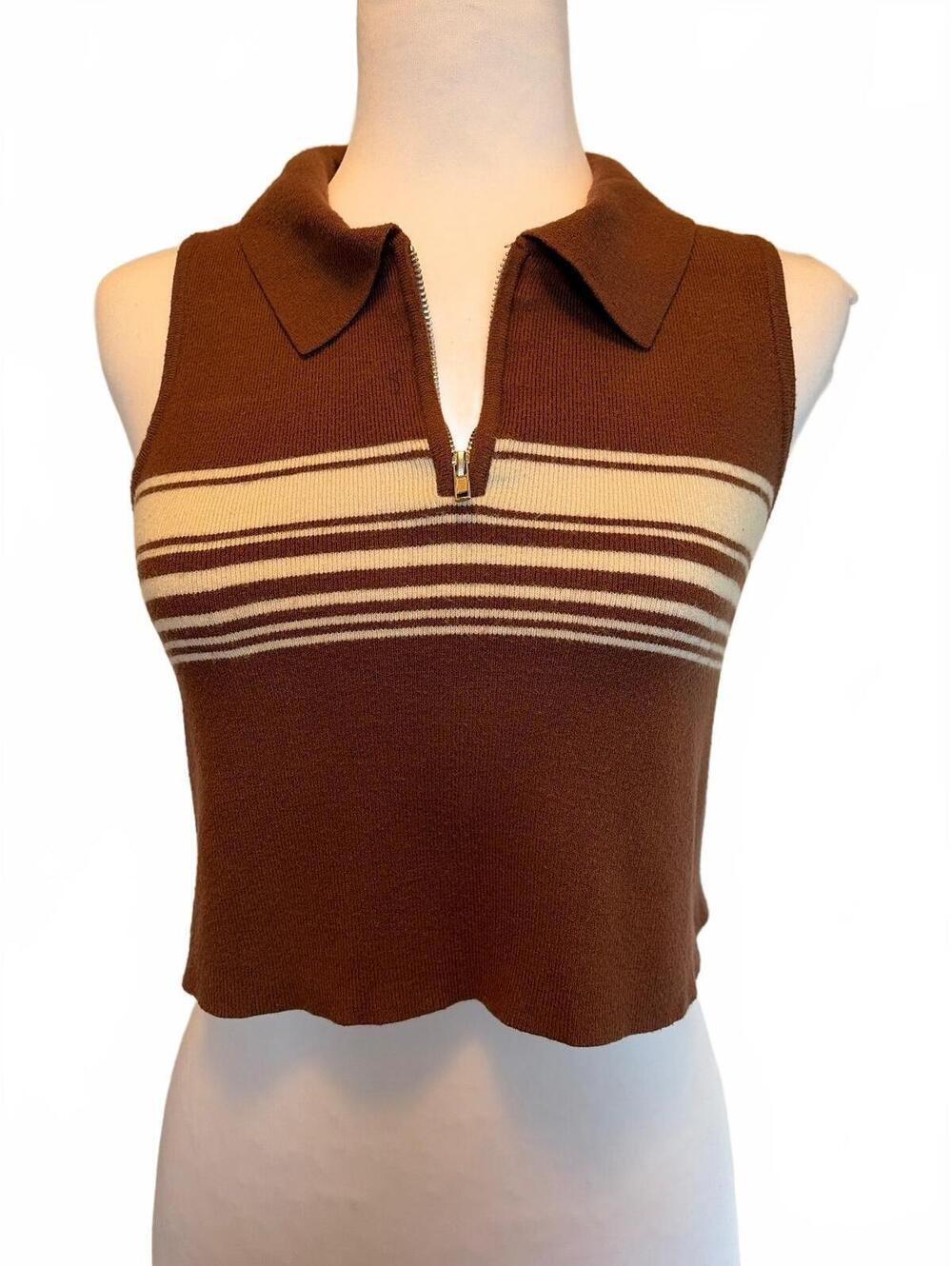 Kendall & Kylie Brown Cream Striped Cropped Knit Polo S 70s Retro Hot Girl Fall